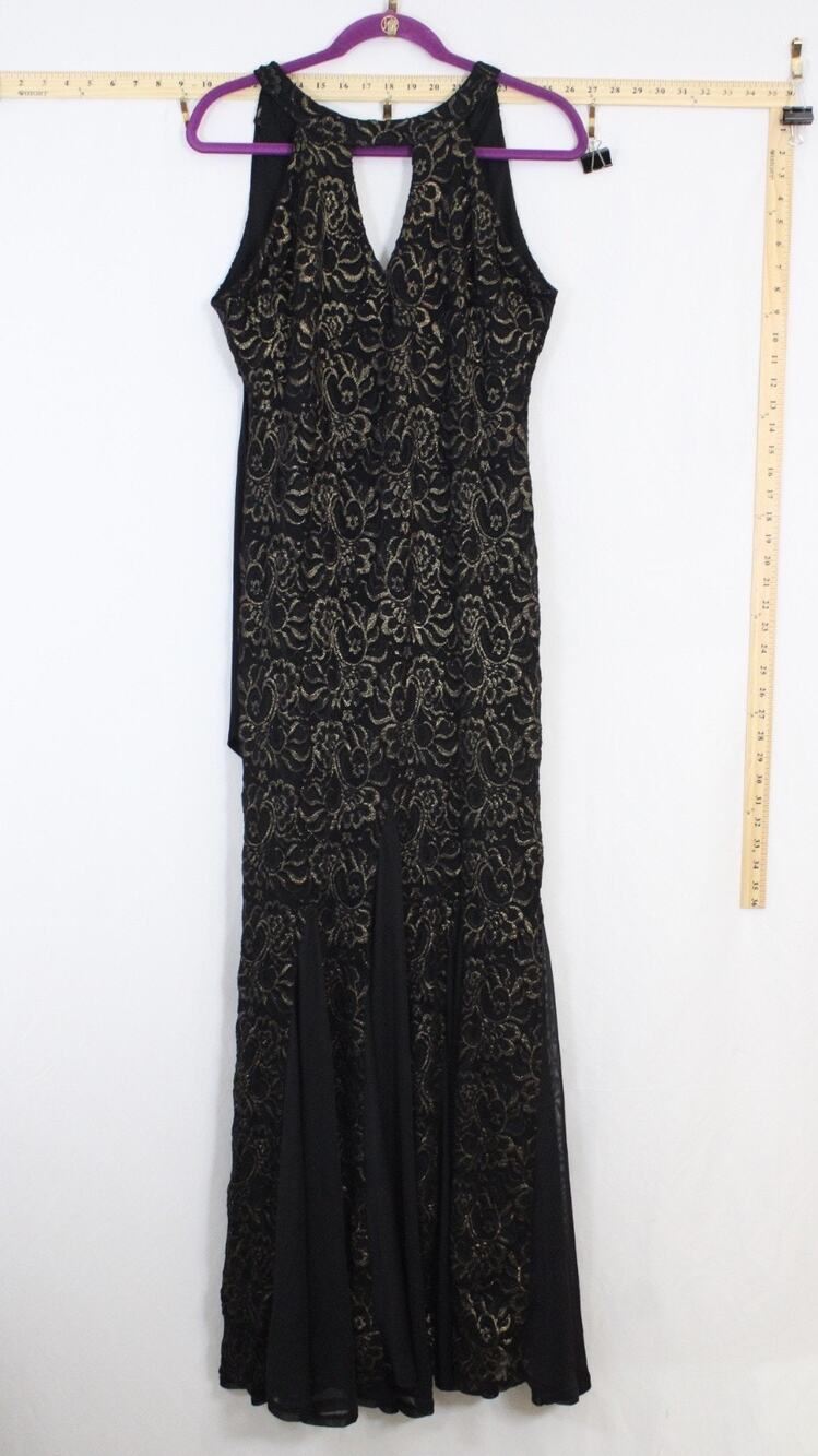 Marina Women Size 8 Maxi Gown Black Gold Metallic Lace Formal Evening Dress